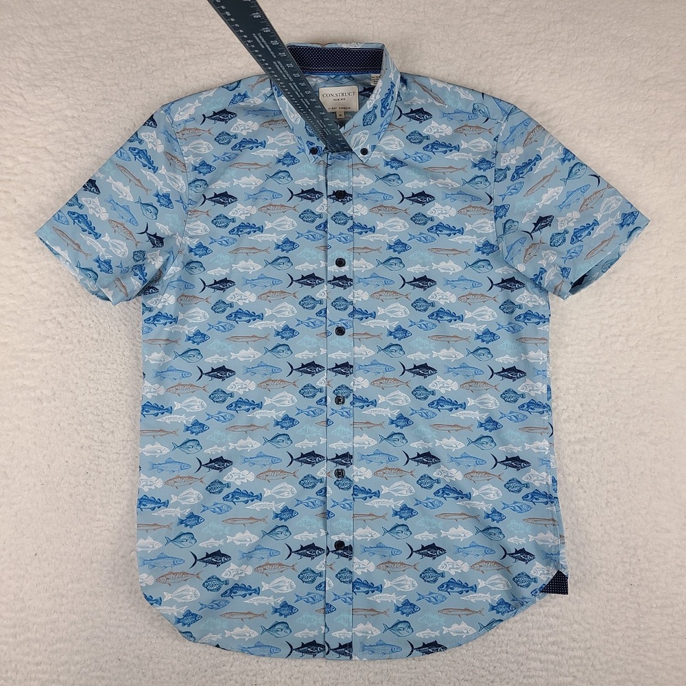 ConStruct Shirt Mens Medium Blue Fish 4 Way Stretch Slim Fit Hawaiian Button Up